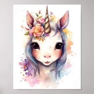 Niedliches Einhorn mit farbenfrohen Blume Poster