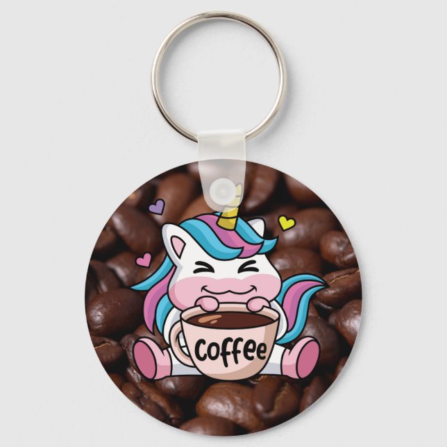 Niedliches Einhorn mit Kaffee Schlüsselanhänger (Vorderseite)