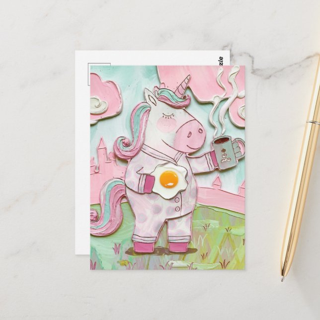 Niedliches Einhorn mit Kaffee und Ei Postkarte (Vorderseite/Rückseite Beispiel)