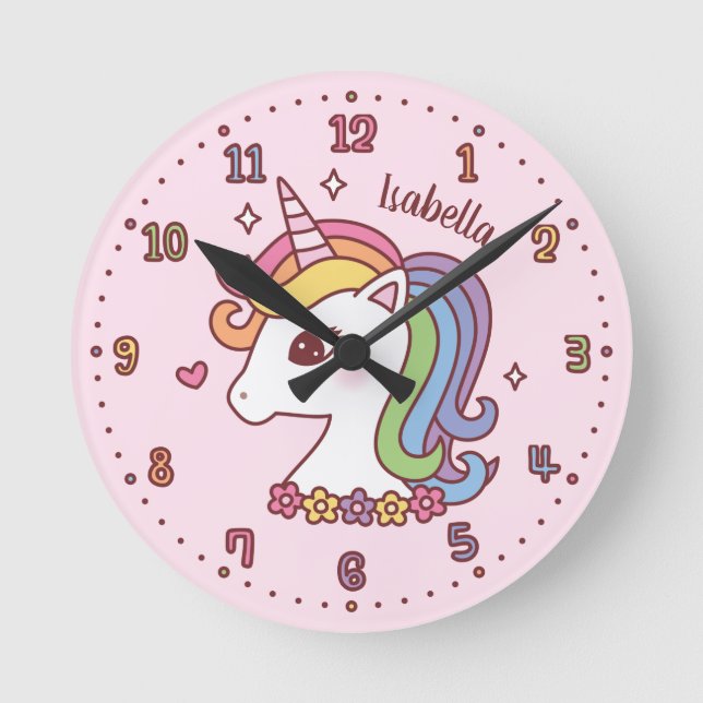 Niedliches Einhorn mit Rainbow Mane Girls Zimmerde Runde Wanduhr (Vorderseite)