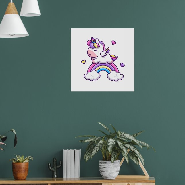 Niedliches Einhorn mit Regenbogen-Cartoon Poster (Wohnzimmer 1)