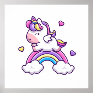 Niedliches Einhorn mit Regenbogen-Cartoon Poster