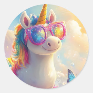 Niedliches Einhorn mit Sonnenbrille: Magisch und S Runder Aufkleber