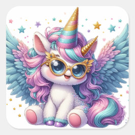 Niedliches Einhorn mit Sternenaufkleber Quadratischer Aufkleber