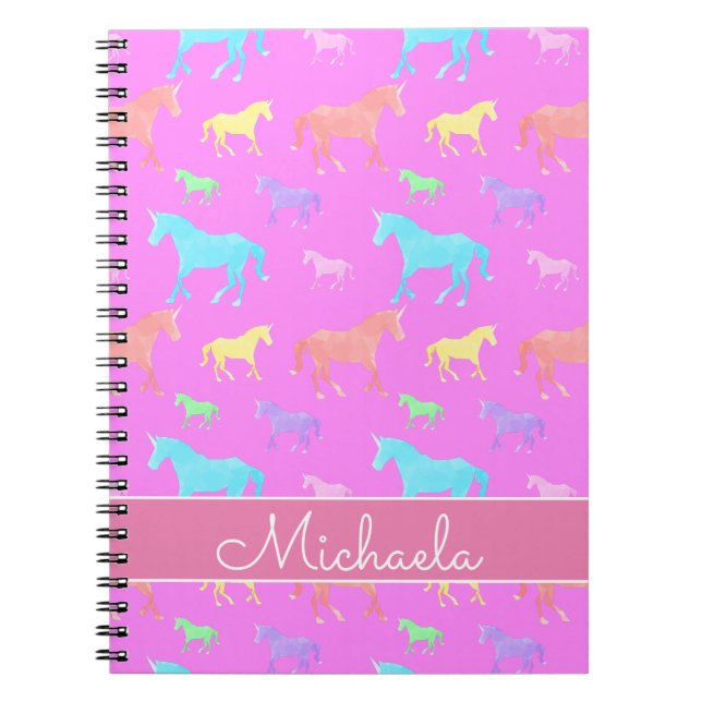 Niedliches Einhorn-Muster Name Lila Pink Kids Scho Notizblock (Vorderseite)