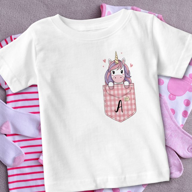 Niedliches Einhorn-Peeking von Pocket mit dem erst Baby T-shirt (Von Creator hochgeladen)