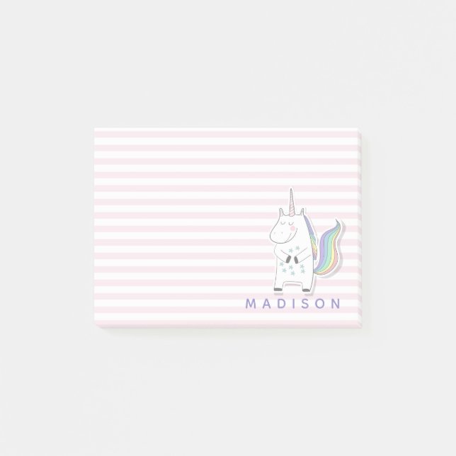 Niedliches Einhorn - Personalisiert rosa gestreift Post-it Klebezettel (Vorderseite)