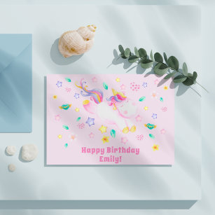 Niedliches Einhorn - Personalisiert rosa Kindergeb Postkarte