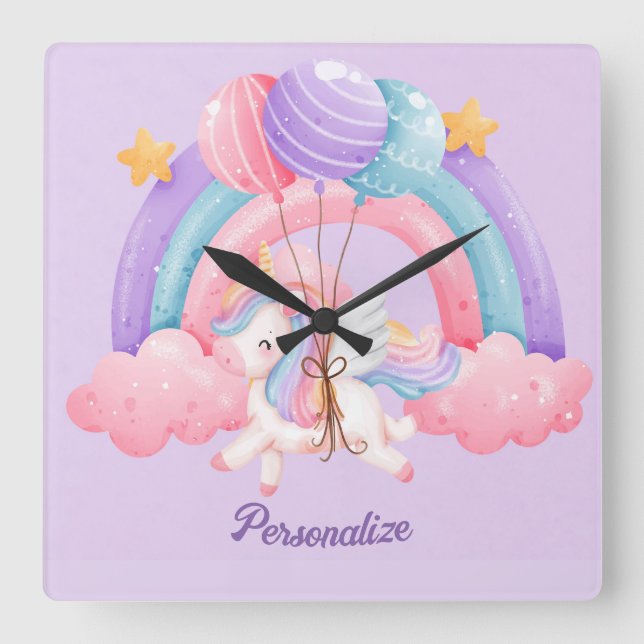 Niedliches Einhorn Regenbogen Farbige Kinder Perso Quadratische Wanduhr (Vorderseite)