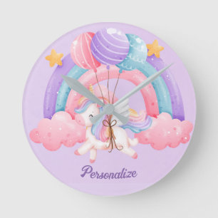 Niedliches Einhorn Regenbogen Farbige Kinder Perso Runde Wanduhr