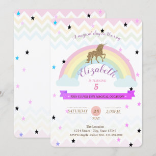 Niedliches Einhorn, Regenbogen Sterne Geburtstagse Einladung