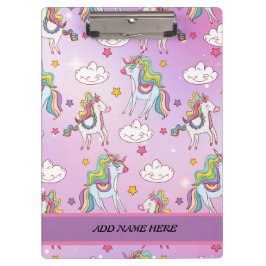Niedliches Einhorn-Regenbogenmuster Lila Name Klemmbrett