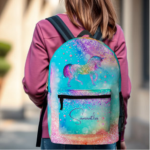 Niedliches Einhorn-Rosa Glitzer Regenbogenaqua Mon Bedruckter Rucksack