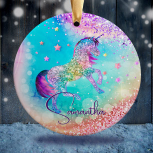Niedliches Einhorn-Rosa Glitzer Regenbogenaqua Mon Keramik Ornament