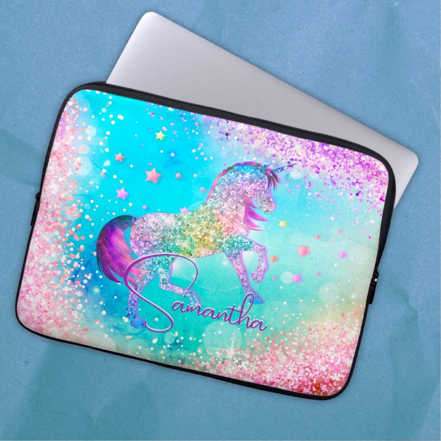 Niedliches Einhorn-Rosa Glitzer Regenbogenaqua Mon Laptopschutzhülle (Von Creator hochgeladen)