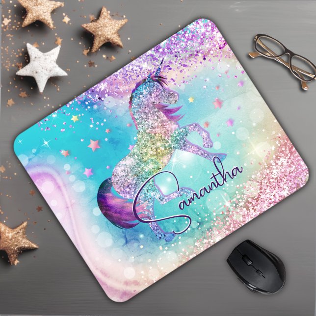 Niedliches Einhorn-Rosa Glitzer Regenbogenaqua Mon Mousepad (Von Creator hochgeladen)