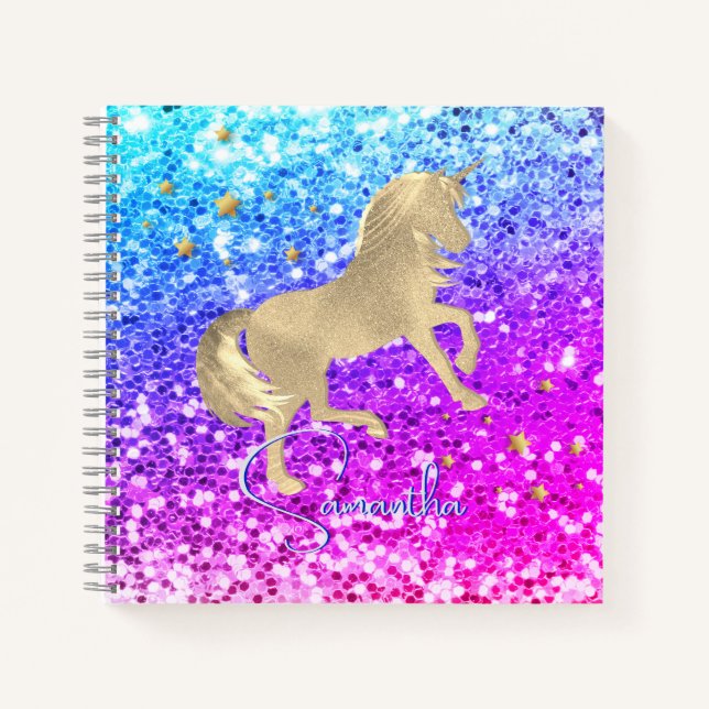 Niedliches Einhorn-Rosa Glitzer Regenbogengold Mon Notizbuch (Vorderseite)