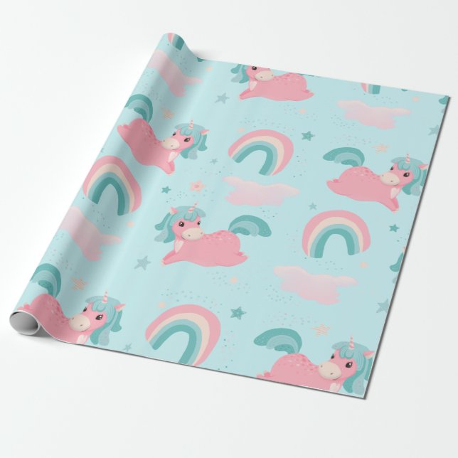 Niedliches Einhorn-Rosa- und Mintmuster Wrappin Geschenkpapier (Ungerollt)