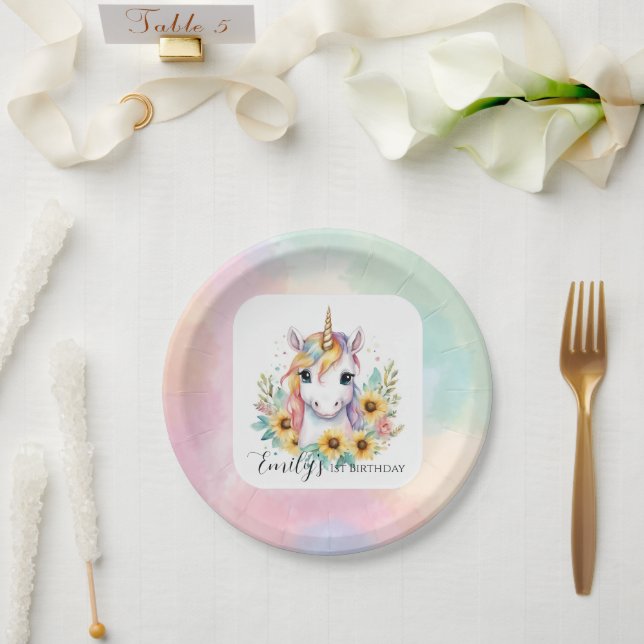 Niedliches Einhorn Sonnenblume 1. Geburtstag Pappteller (Hochzeit)