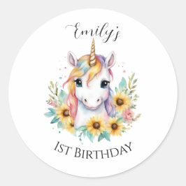 Niedliches Einhorn Sonnenblumen 1. Geburtstag Runder Aufkleber