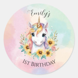 Niedliches Einhorn Sonnenblumen 1. Geburtstag Runder Aufkleber