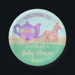 Niedliches Einhorn Tee Party Babydusche Pappteller<br><div class="desc">Dieses bezaubernde Baby Dusche Party ist perfekt für Ihr Tee-Party. Das Originalwerk besteht aus einem zeichn eines rosa Einhorns,  das einen lila Wagen in Teekanne zieht. Verwenden Sie die einfachen Vorlagenfelder,  um Ihren benutzerdefinierten Text hinzuzufügen.</div>