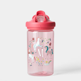 Niedliches Einhorn und Blume Kinder rosa Monogramm Trinkflasche