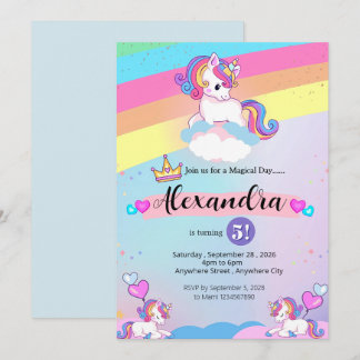 Niedliches Einhorn und farbenfroher Regenbogen Geb Einladung