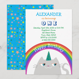 Niedliches Einhorn und Regenbogen 1. Geburtstag Einladung
