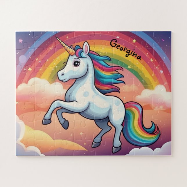 Niedliches Einhorn und Regenbogen Personalisiert Puzzle (Horizontal)