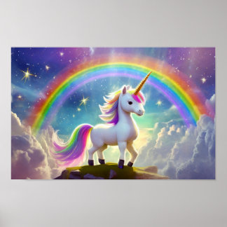 Niedliches Einhorn vor einem Regenbogen stehend Poster