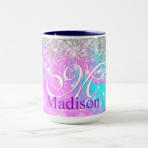 Niedliches Einhornsilber-Glitzer-Monogramm Tasse