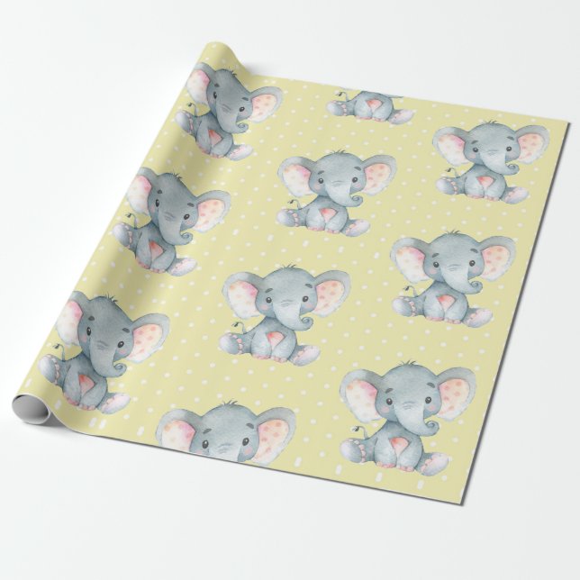 Niedliches Elefant Baby Gelb und Grau Geschenkpapier (Ungerollt)