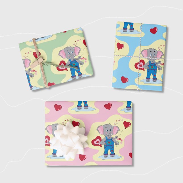 Niedliches Elephant Baby Dusche Umschlagpapier Geschenkpapier Set (Cute baby shower wrapping paper sheets featuring a charming cartoon elephant and hearts pattern .)