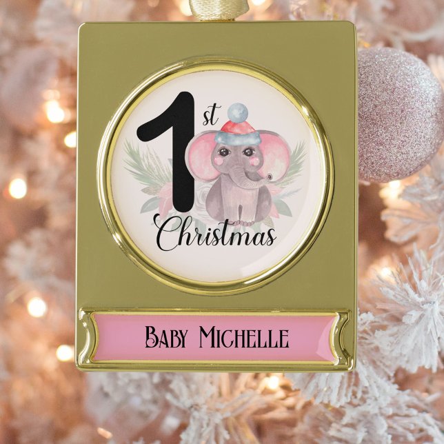 Niedliches Elephant Baby Girl 1. Weihnachtsfest Banner-Ornament Gold (Von Creator hochgeladen)
