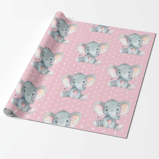 Niedliches Elephant Baby Girl Pink und Gray Geschenkpapier (Ungerollt)