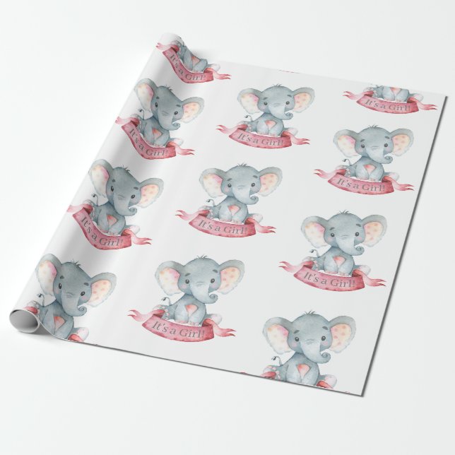Niedliches Elephant Baby Girl Pink und Gray Geschenkpapier (Ungerollt)
