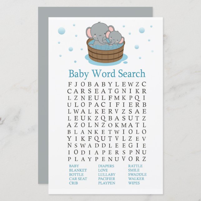 Niedliches Elephant Baby Shooter Word Search Game (Vorne/Hinten)