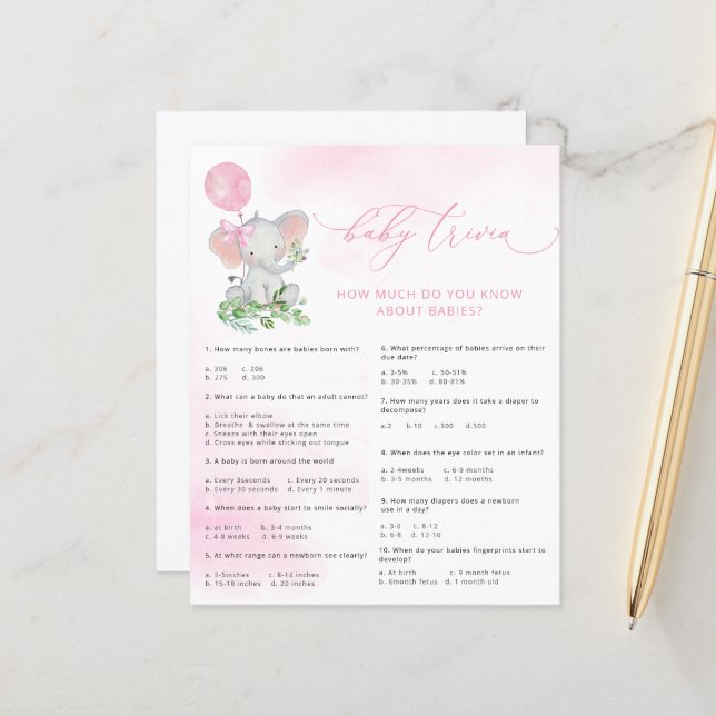 Niedliches Elephant Baby Shower Baby Trivia Game (Vorderseite/Rückseite Beispiel)