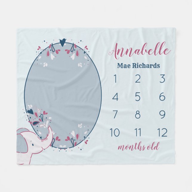 Niedliches Elephant Baby's First Year's Monthly Fo Fleecedecke (Vorderseite (Horizontal))