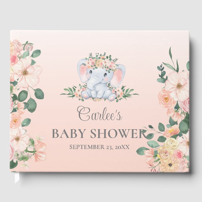 Niedliches Elephant Floral Girl Baby Shower Gästeb Gästebuch (Vorderseite)