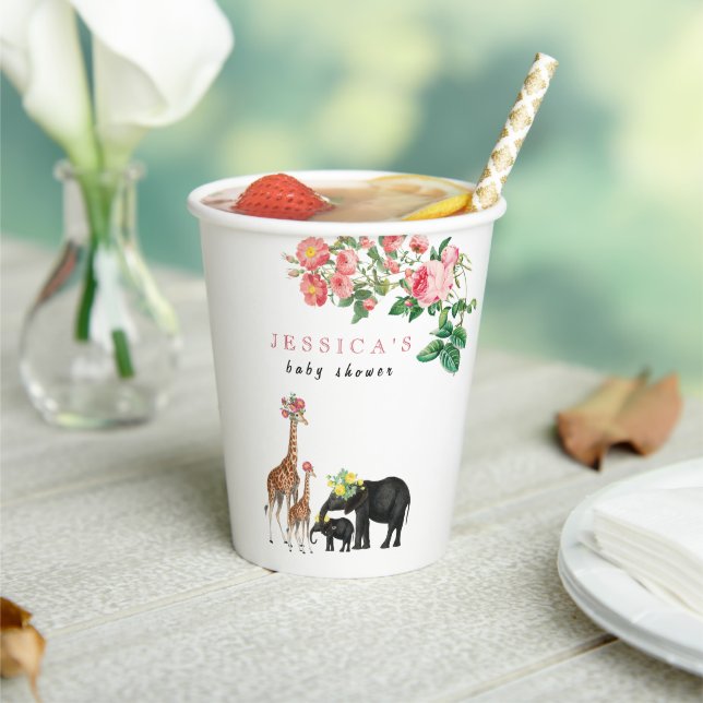 Niedliches Elephant & Giraffe Floral Baby Shower G Pappbecher (In Situ)