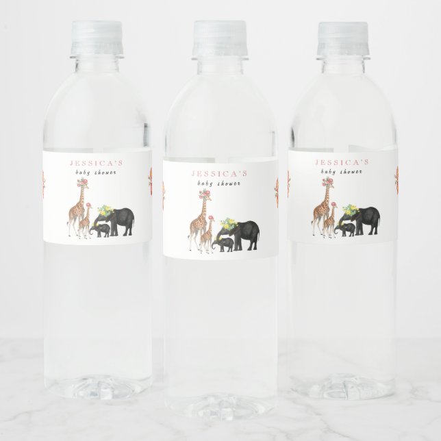 Niedliches Elephant & Giraffe Floral Baby Shower G Wasserflaschenetikett (Flaschen)