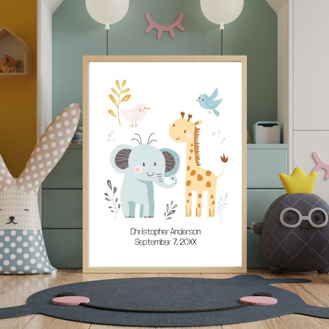Niedliches Elephant Giraffe Vögel Personalisiertes Poster (Personalized Birth Stats Nursery Wall Art. Design is Elephant Giraffe and Birds. Add babies name )
