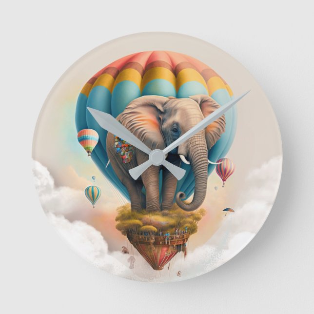 Niedliches Elephant Hot Air Ballon Whimsical Tier Runde Wanduhr (Vorderseite)