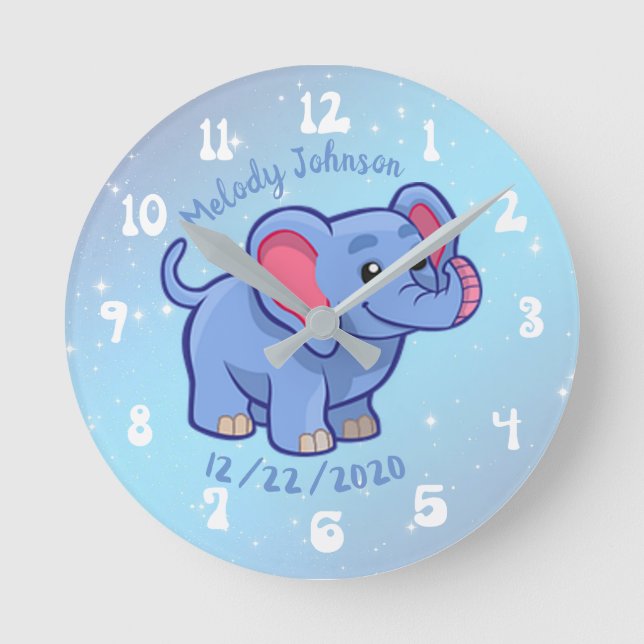 Niedliches Elephant Monogram Name & B Day Kinderzi Runde Wanduhr (Vorderseite)