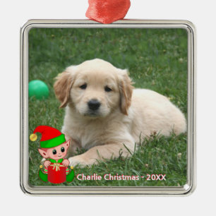 Niedliches Elf & Golden Retriever Puppy-Foto Ornament Aus Metall