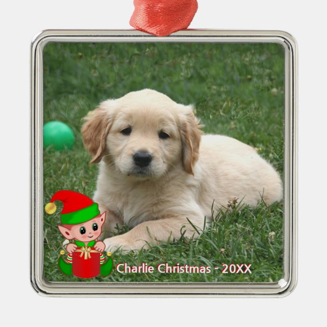 Niedliches Elf & Golden Retriever Puppy-Foto Ornament Aus Metall (Vorne)