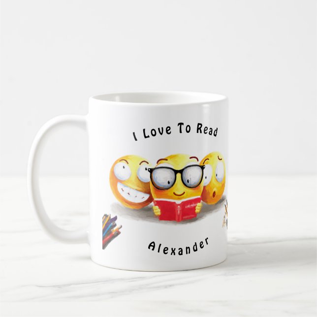 Niedliches Emoji lächelndes Liebe-Lesebuch Kaffeetasse (Links)