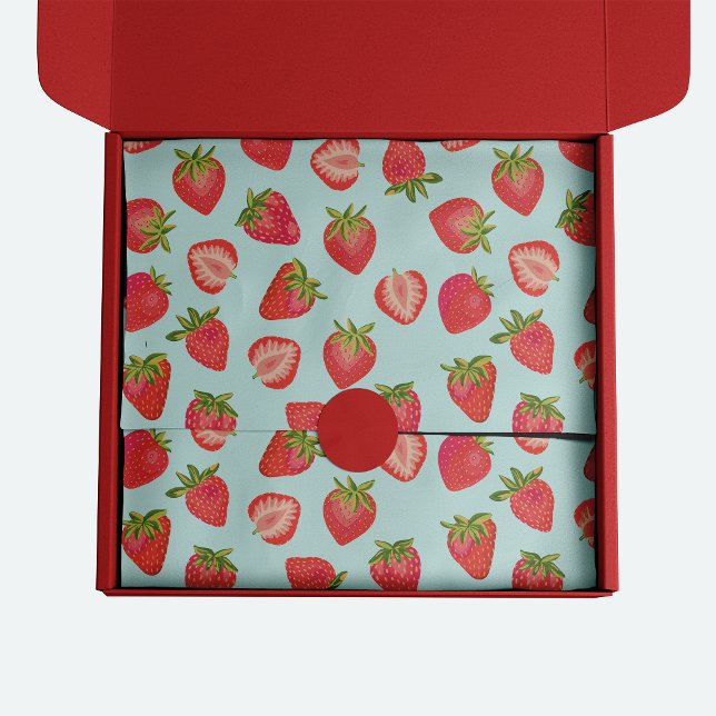 Niedliches Erdbeermuster im Sommer Seidenpapier (Strawberry pattern tissue paper on light mint background)